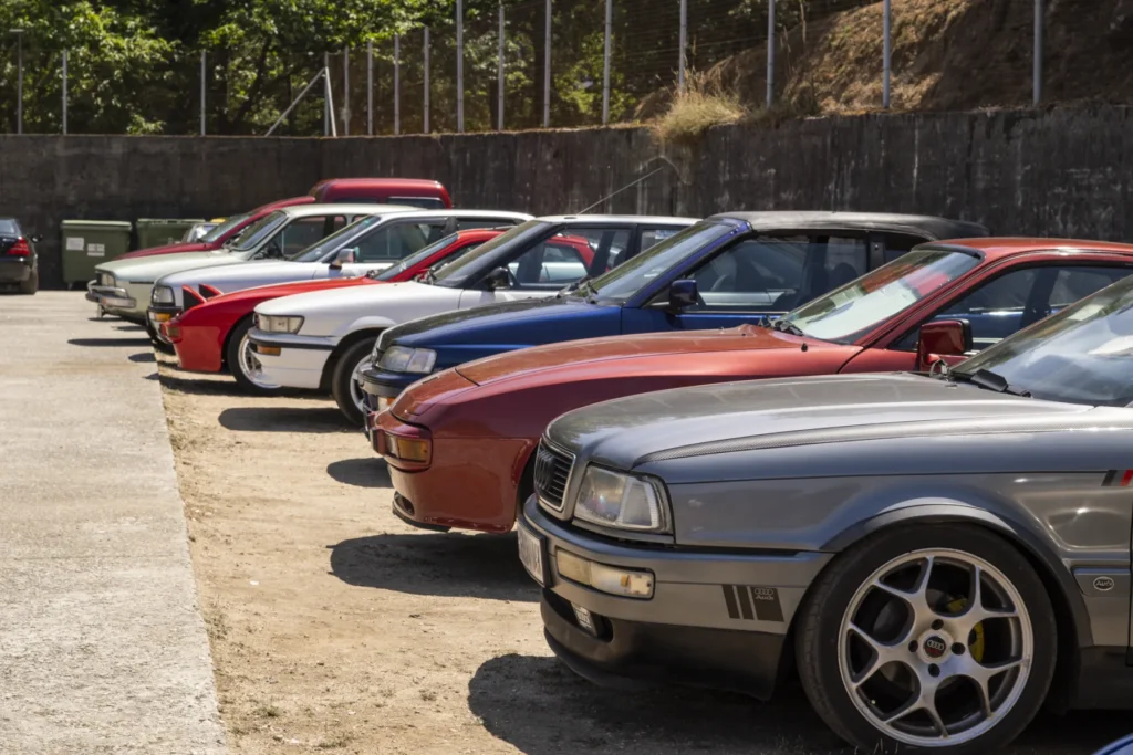 Fila de coches clásicos aparcados ao sol na concentración celebrada durante a Festa do Pemento