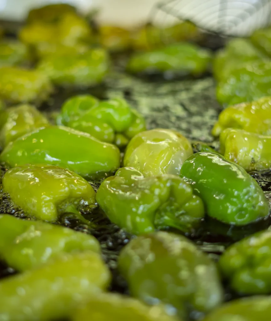 Pementos de Arnoia fritíndose en aceite quente, primeiro plano do produto estrela da festa